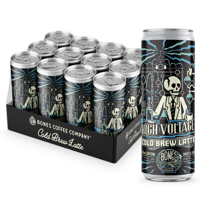 A 12-pack of cold brew lattes. Inside the pack is the High Voltage cold brew lattes. A single can of this cold brew latte is on the side and has a skeleton in a lab coat inside a laboratory on the art.