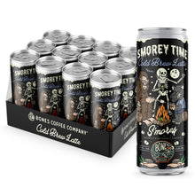 A 12-pack of cold brew lattes. Inside the pack is the S’morey Time cold brew lattes. A single can of this cold brew latte is on the side and has a skeleton holding a flashlight with bigfoot and a werewolf around a campfire making s’mores on the art.