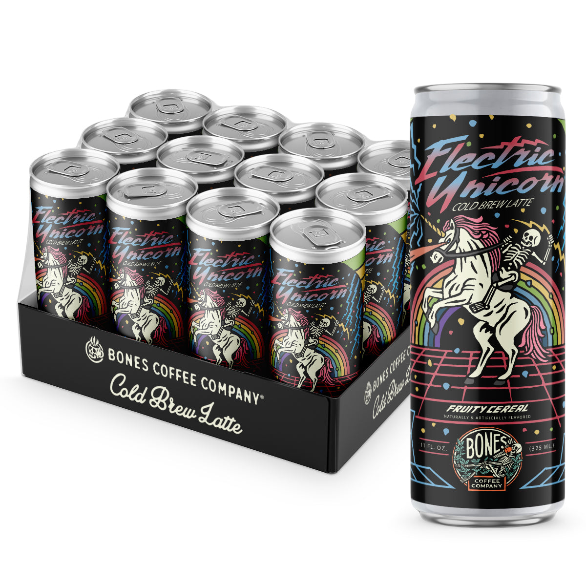 A 12-pack of cold brew lattes. Inside the pack is the Electric Unicorn cold brew lattes. A single can of this cold brew latte is on the side and has a skeleton riding a unicorn on the art.