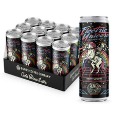A 12-pack of cold brew lattes. Inside the pack is the Electric Unicorn cold brew lattes. A single can of this cold brew latte is on the side and has a skeleton riding a unicorn on the art.