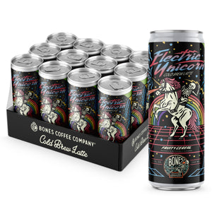 A 12-pack of cold brew lattes. Inside the pack is the Electric Unicorn cold brew lattes. A single can of this cold brew latte is on the side and has a skeleton riding a unicorn on the art.