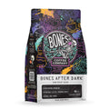A bag of Bones After Dark dark roast coffee from Bones Coffee Company, featuring a colorful, graffiti-style illustrated design with skulls, bones, and coffee cups on a black background, with a white lower section displaying the product name and details.