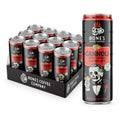 A pack of Bones Coffee Company Cannoli Flavored Latte cans shown in a black display tray, with one can standing upright in front on a white studio background.