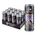 A 12-pack display tray and a single can of Bones Coffee Company Sea Salt Caramel Mocha naturally and aerobically flavored latte. The cans are black with purple labels and colorful illustrations of a skeleton and a mermaid.