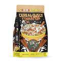 A twelve ounce bag of flavored coffee named Cereal-ously cinnamon. At the top it says cinnamon pebbles, and the art of the bag has a skeleton in a bowl of cinnamon pebbles cereal drinking coffee.