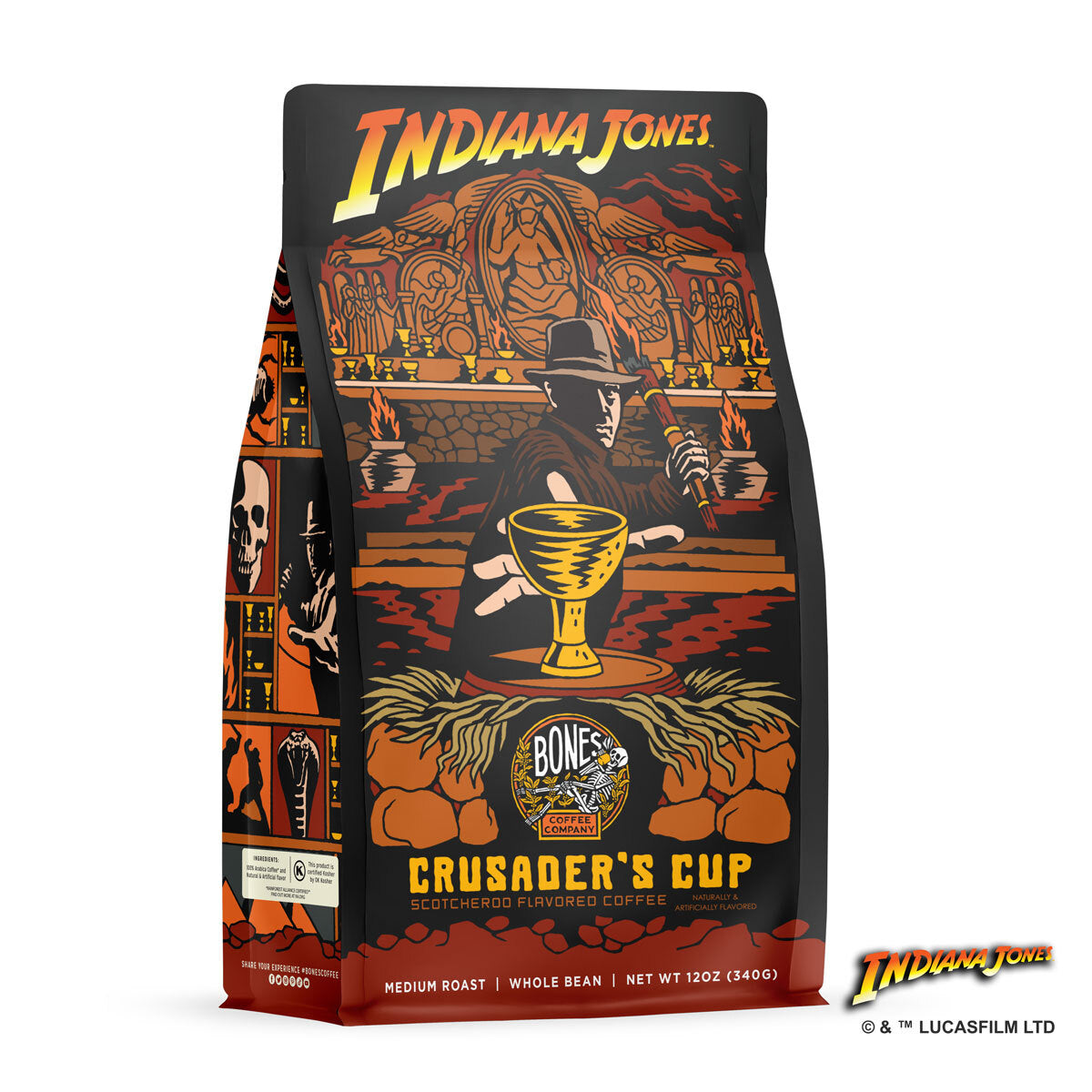 The front of a 12 ounce bag of Bones Coffee Company Crusader’s Cup coffee inspired by Lucasfilm Indiana Jones. Its flavor is scotcheroo and it has Indiana Jones reaching for a gold cup on the art.