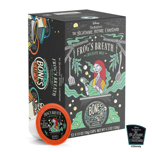 The front of the Bones Coffee Company Frog’s Breath 12 Count Bones Cups box inspired by Disney Tim Burton’s The Nightmare Before Christmas. Its flavor is chocolate mole and has Sally on its art.