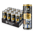 A display of Bones Coffee Company French Toast flavored coffee cans, with one can standing upright in front of a black cardboard tray holding multiple cans, on a clean white background.