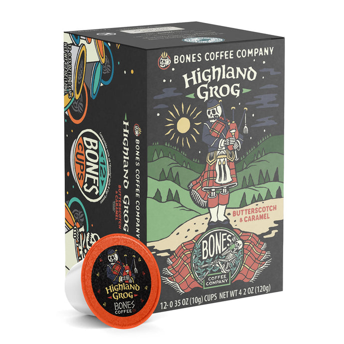 The front of the Bones Coffee Company Highland Grog 12 Count Bones Cups box. Its flavor is butterscotch and caramel, and it has a skeleton wearing a kilt playing bagpipes on a hill on the art.