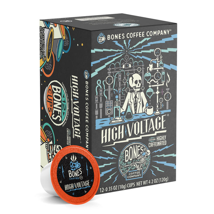 The front of the Bones Coffee Company High Voltage 12 Count Bones Cups box. It has a skeleton dressed up in a lab coat inside a laboratory on the art.