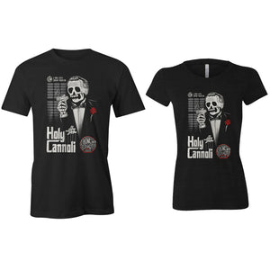 The front of the Holy Cannoli women's and men's tee shirts. They have the art of the Holy Cannoli coffee on them.