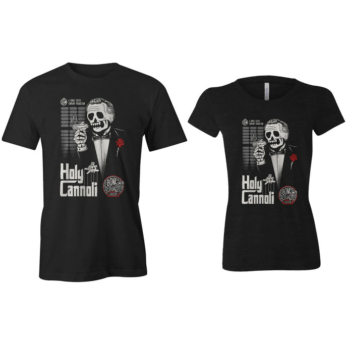The front of the Holy Cannoli women's and men's tee shirts. They have the art of the Holy Cannoli coffee on them.