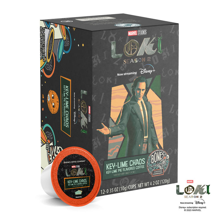 The front of the Bones Coffee Company Key-Lime Chaos 12 Count Bones Cups box inspired by Marvel Studios’ Loki. Its flavor is key-lime chaos, and it has Loki on the art. Miss MInutes is on the side of the box.