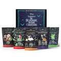 The collector's box and flavored coffee inspired by Disney Tim Burton's The Nightmare Before Christmas. From left to right the names of the coffee are Santa Jack, Frog's Breath, Ruff Weather, The Pumpkin King, and Mudslide Boogie.