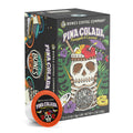 The front of the Bones Coffee Company Pina Colada 12 Count Bones Cups box. Its flavor is coconut and pineapple. It has a skull glass with a straw, pineapple, coconut, a flower, and an umbrella inside it on its art.