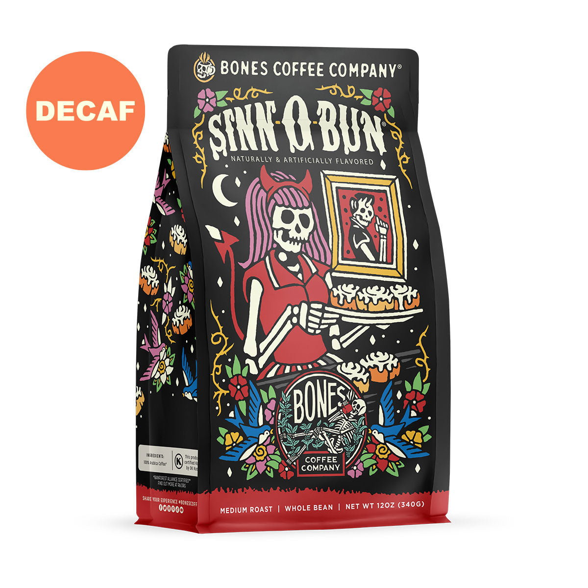 The front of a 12 ounce bag of Bones Coffee Company Sinn-O-Bun coffee. Its flavor is cinnamon bun, and it has a skeleton with pink hair wearing a horned headband holding a tray of cinnamon buns on the art. A sticker says decaf.