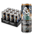 A 12-pack and single can of the Salty Siren Latte. Its flavor is sea salt and caramel mocha and it has a skeleton in a sailor’s outfit holding a mermaid in its arms on its art.