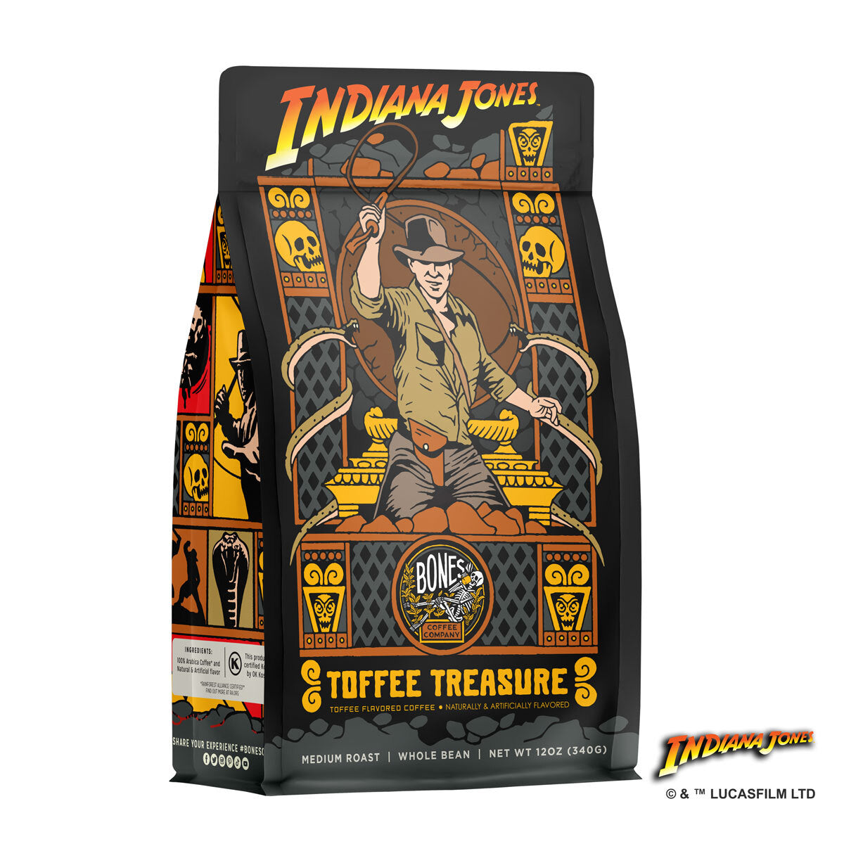 The front of a 12 ounce bag of Bones Coffee Company Toffee Treasure coffee inspired by Lucasfilm Indiana Jones. Its flavor is toffee and it has Indiana Jones cracking his whip on the art.