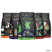 Five bags of 12 ounce flavored coffee inspired by Disney Tim Burton's The Nightmare Before Christmas. Their names are Ruff Weather, The Pumpkin King, Mudslide Boogie, Frog's Breath, and Santa Jack.