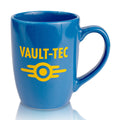 The front of the Vault Tech ceramic mug has the yellow Vault-Tec logo. The ceramic mug is colored blue.