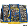 Three twelve ounce bags of flavored coffee inspired by Fallout. From left to right their names are Wasteland Crunch, Atomic Apple, and Valiant Vanilla.