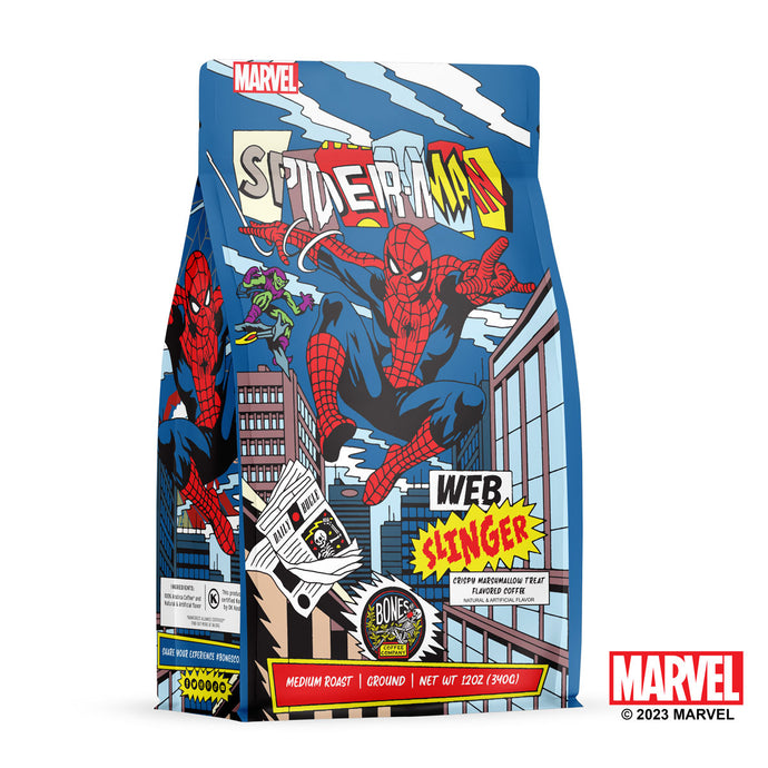 The front of a 12 ounce bag of Bones Coffee Company Web Slinger coffee inspired by Marvel Spider-Man. Its flavor is baked marshmallow treat, and it has Spider-Man on the art.