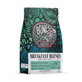 The front of a 12 ounce bag of Bones Coffee Company Breakfast Blend coffee. It is a medium roast, and it has leaves and plant life around the Bones Coffee Company logo on the art.