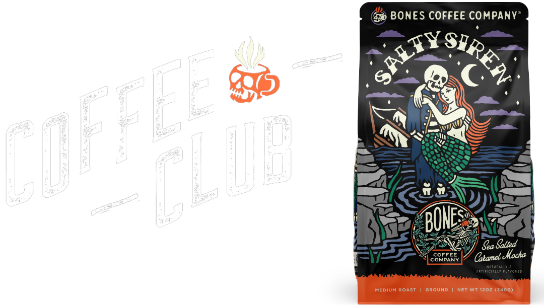 On the left it says Coffee Club with an orange skull icon that looks like a coffee mug with steam coming out of the top of it. On the right is a 12 ounce bag of Salty Siren, a sea salted caramel mocha flavored coffee.