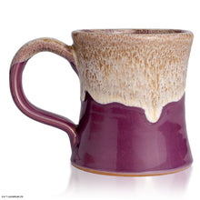 The back of the Bones Coffee Company Daring Delight hand thrown mug. It is purple colored and has a white glaze on top of it.