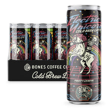A 12-pack of cold brew lattes. Inside the pack is the Electric Unicorn cold brew lattes. A single can of this cold brew latte is on the side and has a skeleton riding a unicorn on the art.