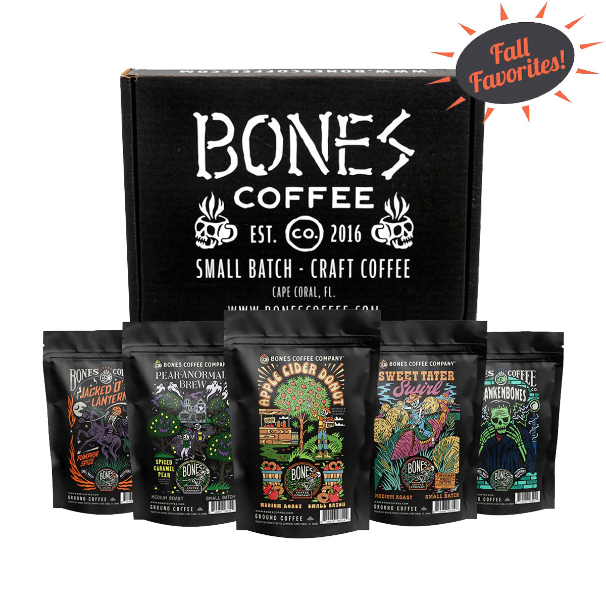 Five bags of four ounces of flavored coffee. From left to right their names are Jacked O' Lantern, Pear-anormal Brew, Apple Cider Donut, Sweet Tater Swirl, and Frankenbones. A box is behind it that says Bones Coffee. There is a sun above them that says Fall Favorites.
