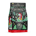 The front of a 12 ounce bag of Bones Coffee Company Frog’s Breath coffee inspired by Disney Tim Burton’s The Nightmare Before Christmas. Its flavor is chocolate mole and it has Sally on the art.