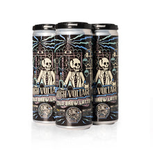 Four High Voltage cold brew latte cans. It has a skeleton wearing a lab coat inside a laboratory with blue electricity scattered about on the art.