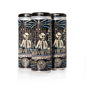 Four High Voltage cold brew latte cans. It has a skeleton wearing a lab coat inside a laboratory with blue electricity scattered about on the art.
