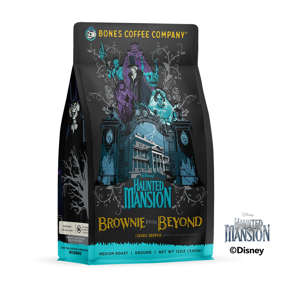 The front of a 12 ounce bag of Bones Coffee Company Brownie From Beyond coffee. Its flavor is caramel brownie, and it has art inspired by Disney Haunted Mansion on its front, including the mansion and its inhabitants.