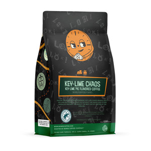 The back of a 12 ounce flavored coffee bag inspired by Marvel Studios’ Loki named Key-Lime Chaos. The Rainforest Alliance badge is on the lower left of the bag. At the middle of the bag is the coffee’s name, and Miss Minutes is on the upper part of the bag.