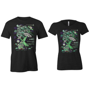 The front of the women's and men's Mint Invaders from Chocolate Space tee shirt. It is colored black and has the art of the Mint Invaders from Chocolate Space coffee on it. It showcases green colored skeletons in UFOs abducting people and mint chocolate chip ice cream into their ships on the art.