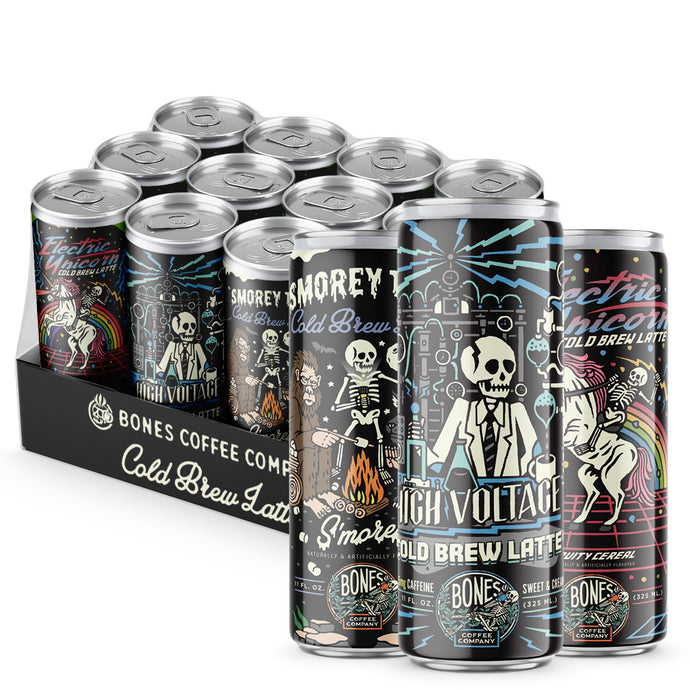 A 12-pack of cold brew lattes. Three cans are in front of the 12-pack; their names are S’morey Time, High Voltage, and Electric unicorn.