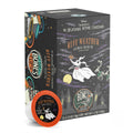 The front of the Bones Coffee Company Ruff Weather 12 Count Bones Cups box inspired by Disney Tim Burton’s The Nightmare Before Christmas. Its flavor is oatmeal cream pie and has Zero the dog on its art.