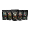 Five four ounce packs of coffee. From left to right their names are Costa Rica, Sumatra, Ethiopia, Colombia, Guatemala.