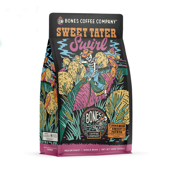 The front of a 12 ounce bag of Bones Coffee Company Sweet Tater Swirl coffee. There is a sticker that says new flavor.