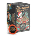 A box of Bones Coffee Toffee Almond Crunch Bones Cups flavored coffee. On the art of the bag is a skeleton dressed up for christmas holding a basket of toffee almond crunch with a skeletal cat.