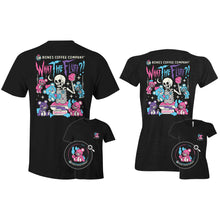 The front of the men's and women’s What The Fluff tee shirt. It is colored black and has a small logo of a teddy bear that's missing an ear and grinning maniacally while holding a cotton candy stick.