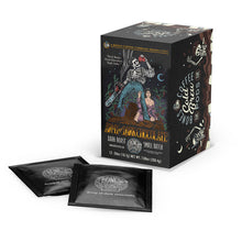 A box and cold brew pods of flavored coffee named Army of Dark Chocolate. Its flavor is dark chocolate, and its art shows a skeleton wielding a chainsaw while a woman clings to its leg.