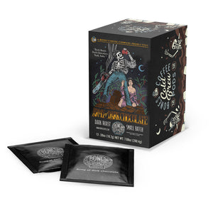 A box and cold brew pods of flavored coffee named Army of Dark Chocolate. Its flavor is dark chocolate, and its art shows a skeleton wielding a chainsaw while a woman clings to its leg.