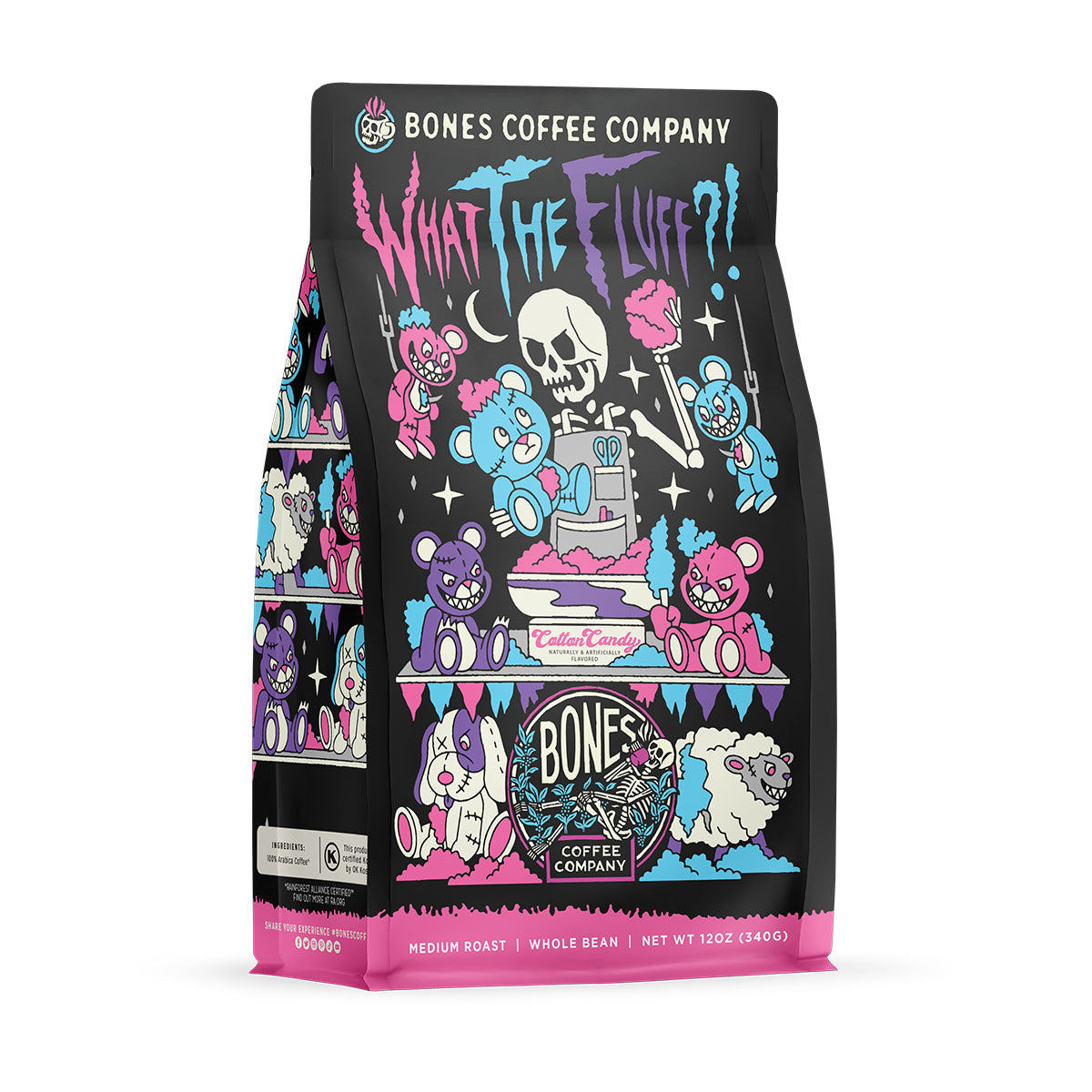 The front of a 12 ounce bag of Bones Coffee Company What the Fluff coffee. Its flavor is berry cotton candy, and it has a skeleton angrily stuffing teddy bears with cotton candy on the art.