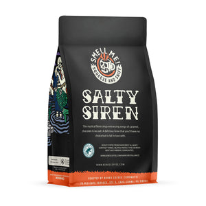 The back of a 12 oz flavored coffee bag named Salty Siren. The Rain Forest Alliance page on the lower left of the back of the bag, and it says to squeeze and sniff at the top of the bag. Below the squeeze and sniff text is the name Salty Siren.