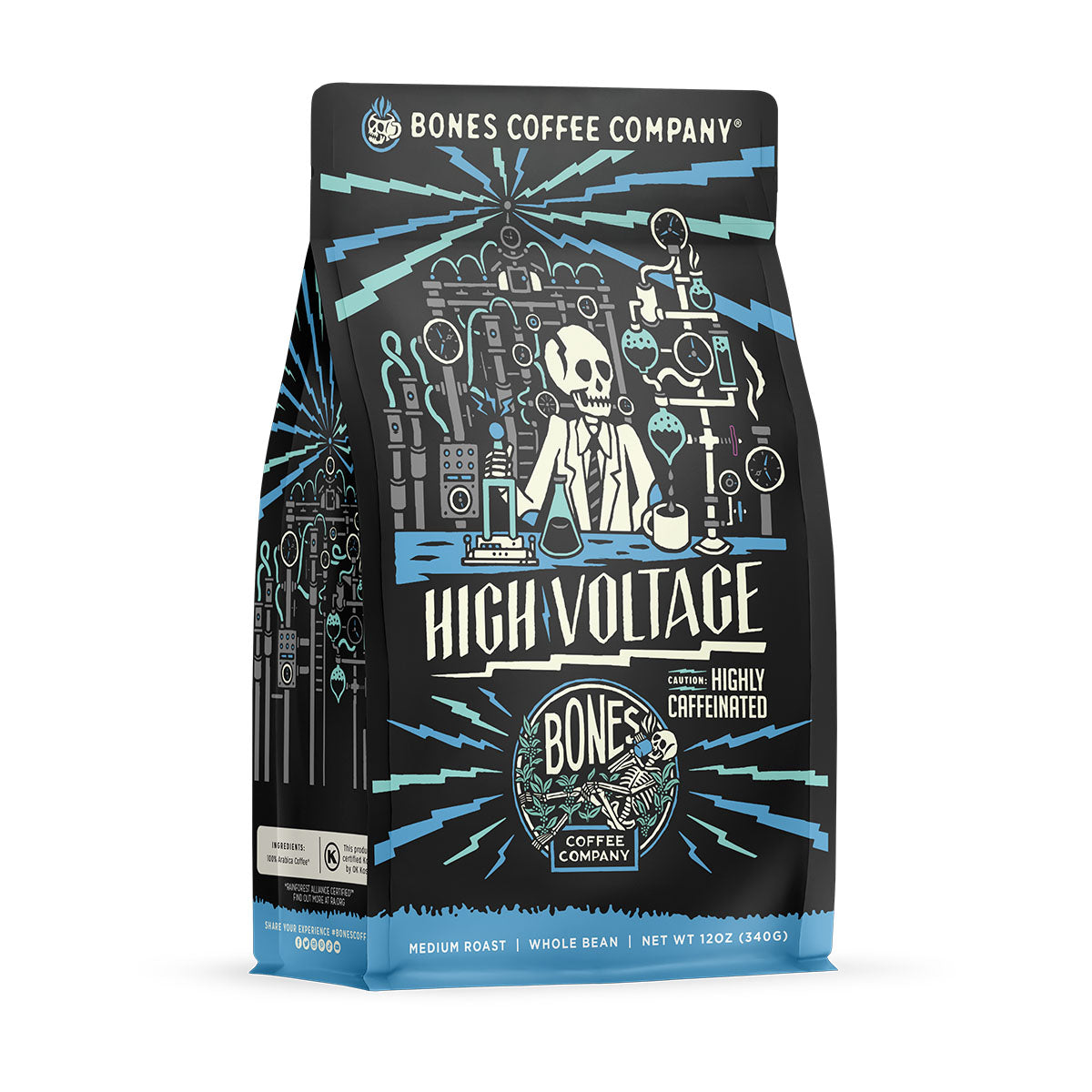 The front of a 12 ounce coffee bag named High Voltage. It has a skeleton wearing a lab coat inside a laboratory with blue electricity scattered about on the art.
