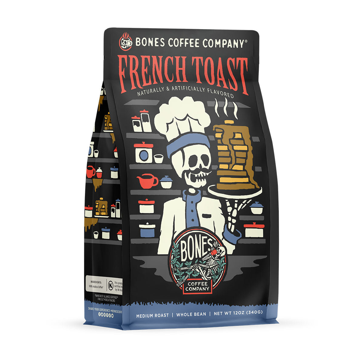 The front of a 12 ounce bag of Bones Coffee Company French Toast coffee. Its flavor is french toast, and it has a skeleton wearing a chef’s coat and hat holding up a plate of fresh french toast on the art.