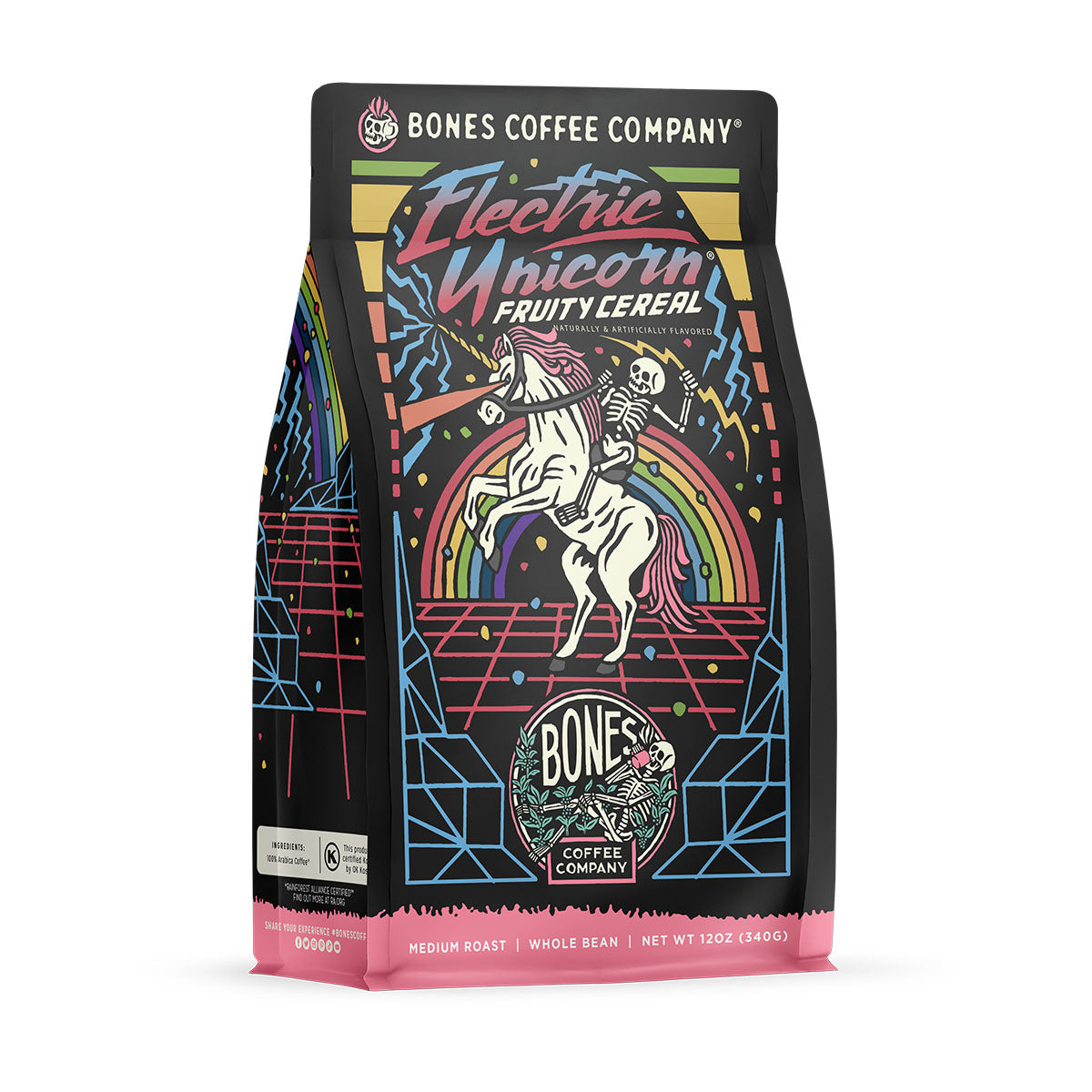 The front of a 12 ounce bag of Bones Coffee Company Electric Unicorn coffee. Its flavor is fruity cereal, and it has a skeleton riding a unicorn in front of a rainbow on the art.